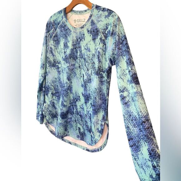 Gillz Sz L Blue Green Fish Scale Pattern Outdoor Fishing Surfing Sun Fabric Top - Picture 2 of 6